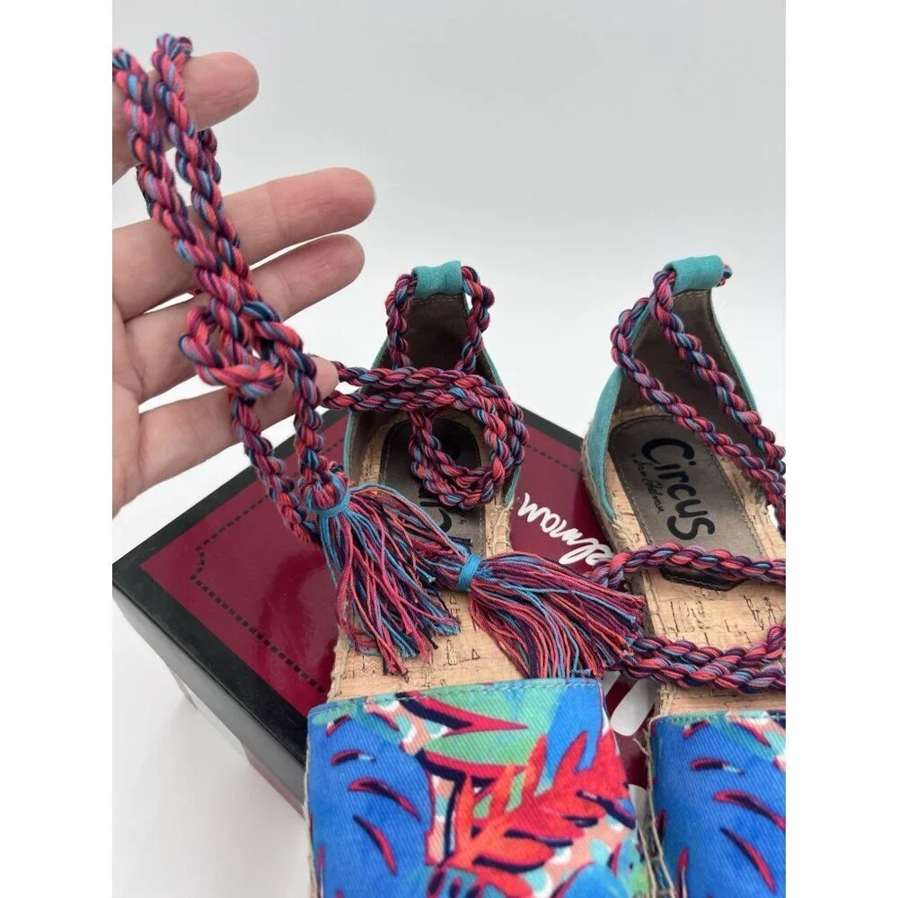 Circus Sam Edelman Boho Espadrille 8.5M Tropical Print Ankle Tie Tassel Festival